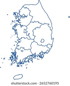 Blue Outline South Korea Map with District Borders Asian Country