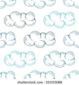 Blue Outline Stroke Clouds Pattern on White Background - Hand Drawn Doodle Seamless Surface Pattern Design - Vector Illustration