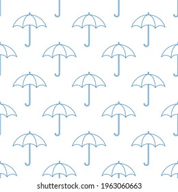 Blue outline umbrellas on white background seamless pattern. Vector illustration.