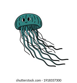 Blue outline vector doodle smiling cartoon sea or ocean jellyfish. Cute happy jelly animal with big eyes. Object is isolated on white background