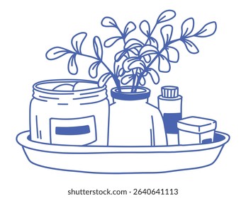 Blue Outline vector isolated Doodle Illustration of Decorative Interior Still Life. Tray with Soap, Vase with Branches, Beauty Product Jars