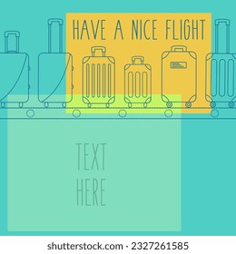 blue outline vector vacation. yellow holiday isolated background. luggage line on carousel. suitcase on conveyor belt. Baggage claim at terminal airport travel bags. have nice flight text flat design