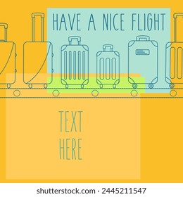 blue outline vector vacation. yellow holiday isolated background. luggage line on carousel. suitcase on conveyor belt. Baggage claim at terminal airport travel bags. have nice flight text flat design