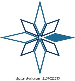 A blue outlined compass rose with filled blue pointer