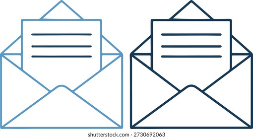 Um azul contornado e um ícone azul escuro de dois envelopes com letras destacando em um fundo branco, estilo de linha simples