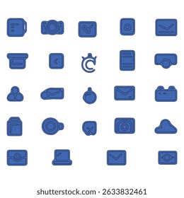 Blue outlined digital communication and media icons on white background. 