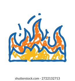 Blau umrissenes Feuersymbol mit orangefarbenen und gelben Füllungen, handgezeichnete Flamme als Symbol für Wärme, Energie, Gefahr, Wärme und Verbrennung für Sicherheits-, Warn- oder Naturkonzepte