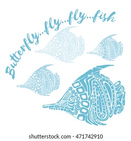 Blue outlined vector butterfly set.