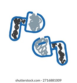 Auriculares inalámbricos delineados en azul con detalles interiores grises y negros, ilustración minimalista de arte lineal de tecnología de audio personal para música, podcasts, transmisión y dispositivos modernos