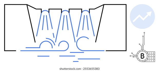 Blue outlines of a water dam with cascading waterfalls into a pool below. A growth chart and cryptocurrency symbol are included. Ideal for economics, technology, finance, cryptocurrency