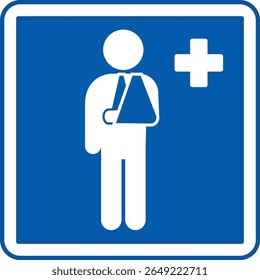 Blue Outpatient Sign. Vector Illustration. Man With Bandaged Arm And Plus Sign. Home Treatment Or Patient Visits Medical Facility. Hospital Department Sign