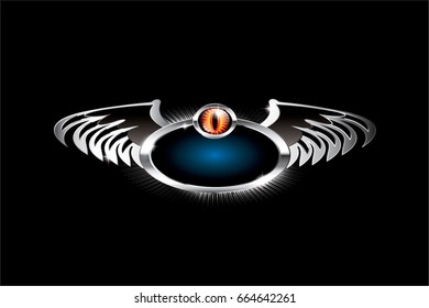 Blue oval background with a wing shaped silver frame and a red eye, with space for your text. Vector illustration.