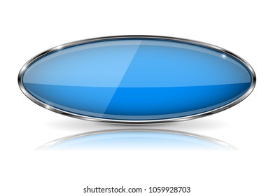 Blue oval button with chrome frame. Vector 3d illustration isolated on white background