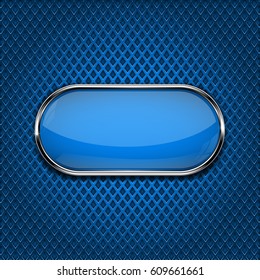 Blue oval button on blue metal perforated background. Vector 3d illustration
