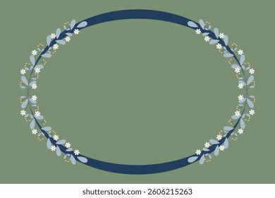 Blue Oval Circle Wreath Border Frame With Leaves And White Flowers Decoration