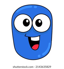 blue oval faced monster head laughing happily, vector illustration art. doodle icon image kawaii.