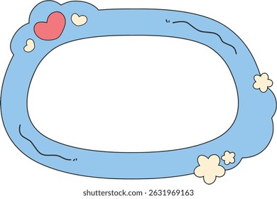 Blue oval frame with hearts and wavy lines, cute and soft.
