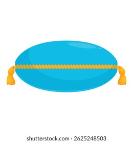 Blue oval pillow with golden rope and tassels is lying ready for sleeping