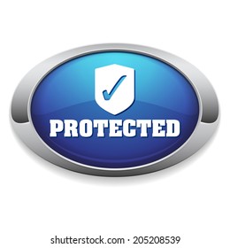 Blue oval protected button with metallic border on white background