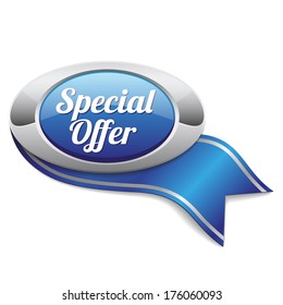 Blue oval special offer button with ribbon