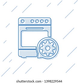 Blue Oven and gear line icon isolated on white background. Adjusting app, service concept, setting options, maintenance, repair, fixing. Vector Illustration