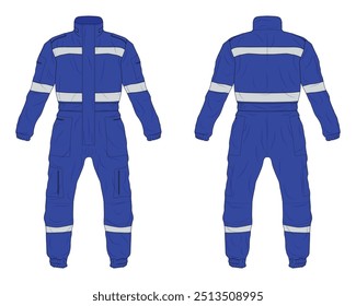 Blue overall hi vis work safety clothing mockup front and back view