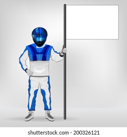 blue overall standing racer holding empty flag vector illustration