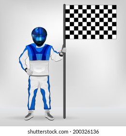 blue overall standing racer holding checked flag vector illustration