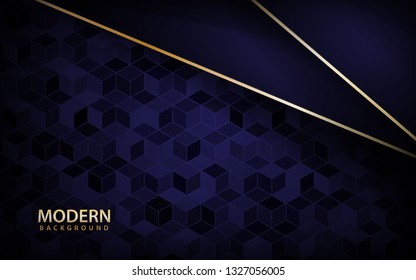 Blue overlap background vector. Realistic layer with golden line on cubes pattern background. vector illustration.