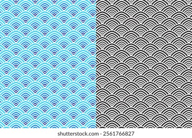 blue overlapping arcs art deco seamless pattern on blue white background for packaging, merchandise.  artistic dome line art shape symbol pattern background. pattern of luxury vault shape background