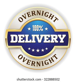 Blue overnight delivery badge with gold border on white background