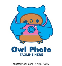 Blue Owl carrying a camera, good for Photography community logo also Camera Rental logo