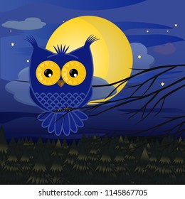 blue owl cartoon sits on a branch against the background of a full moon, a night sky and stars above a pine forest