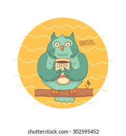 Blue owl with coffee sitting on a branch