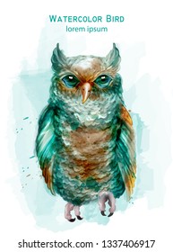 Blue owl colorful Vector watercolor. Exotic bird isolated on white
