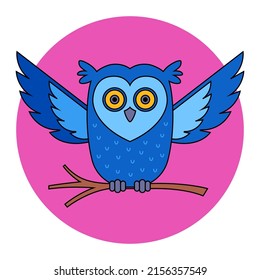 blue owl flies and hunts. flat vector illustration.