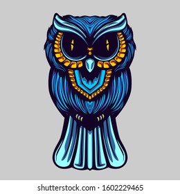 blue owl with gold ornamental accessories