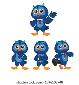 blue owl mascot with business casual outfit in different pose