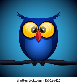 Blue owl on the dark background. Vector illustration.