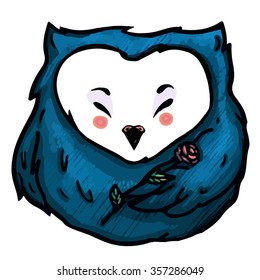 Blue owl with rose isolated on white