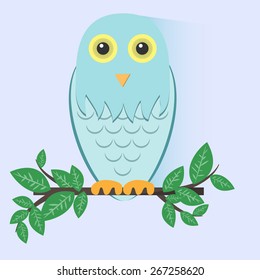 Blue Owl sitting on a branch. Vector Illustration.