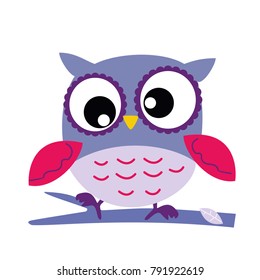 Blue Owl Sitting on a Branch with flower, Abstract Background, Cartoon Character Isolated on White Vector Illustration EPS 10