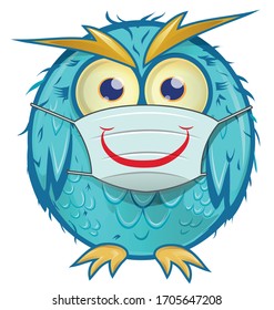 blue owl with smile mask cartoon on white background