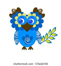 blue owl with twig