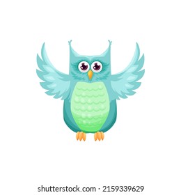 Blue owl wisdom symbol isolated wise cartoon bird. Vector owl wild bird with wide spread wings. Owlet, night-bird with horns and big round eyes. Predator feathered animal, night nocturnal flat fowl