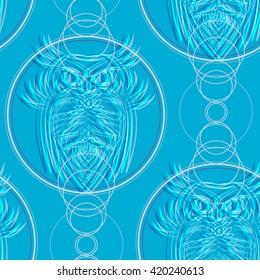 Blue owls with circles vector seamless pattern