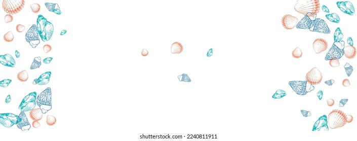 Blue Oyster Background White Vector. Shell Decoration Graphic. Marine Textile Card. Gray Shellfish Isolated Design.