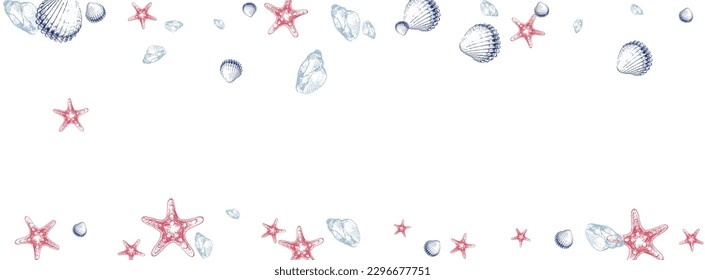 Blue Oyster Background White Vector. Shellfish Doodle Textile Card. Underwater Wallpaper. Gray Starfish Isolated Design.