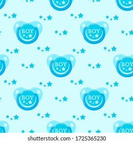 Blue pacifier baby dummy vector seamless pattern. Newborn pacifier with stars for boy.  Endless texture. Flat design cartoon style background for web, covers, banners, decoration, children's design.