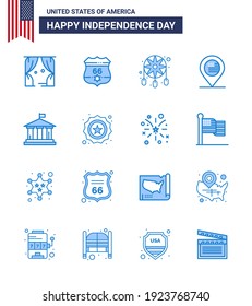 Paquete Azul de 16 Símbolos de bandera del Día de la Independencia de Estados Unidos; signo; adorno; mapa; elementos de diseño de vectores de USA Day editable estadounidense
